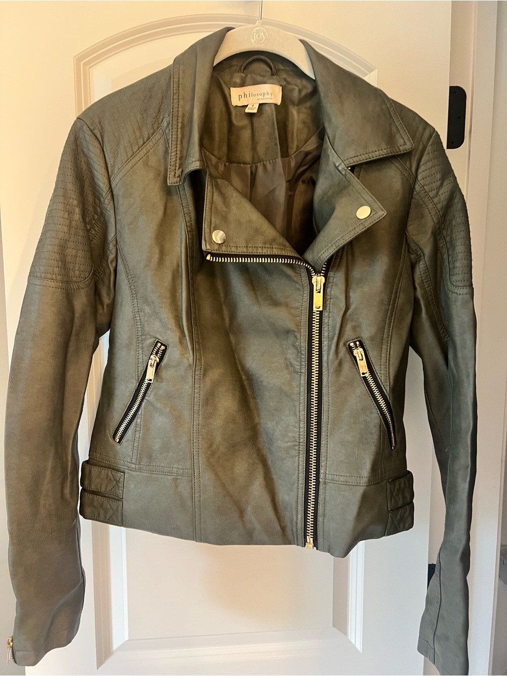 Philosophy Women’s Army Green Faux Leather Moto Jacket-Size 6